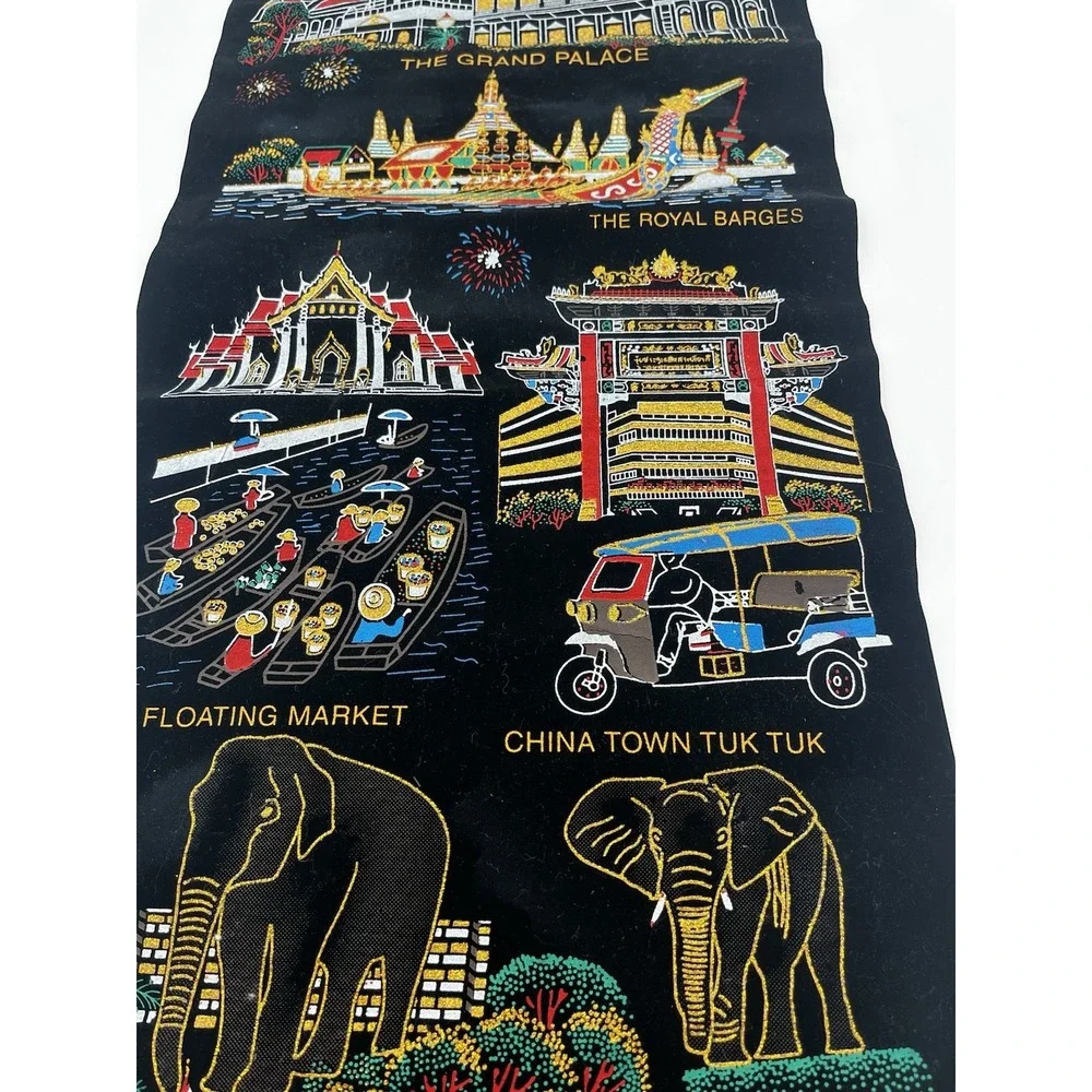Vintage Thailand  Black Velvet Wall Hanging Souvenir Highlights Embroidered EUC